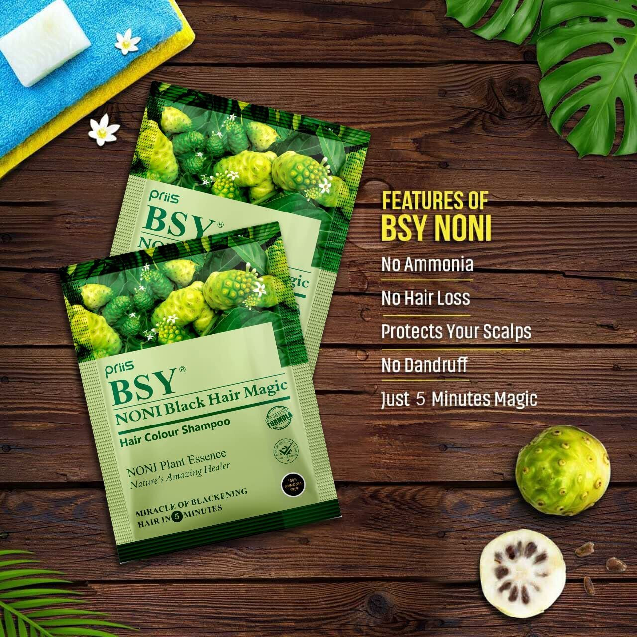 BSY Noni Black Hair Magic Hair color shampoo (20ml x 10 Sachets) | Ammonia Free Hair Color Shampoo for men,Natural Black Permanent Hair Dye Shampoo for women,Noni Fruit Hair Dye,Hair Coloring Shampoo