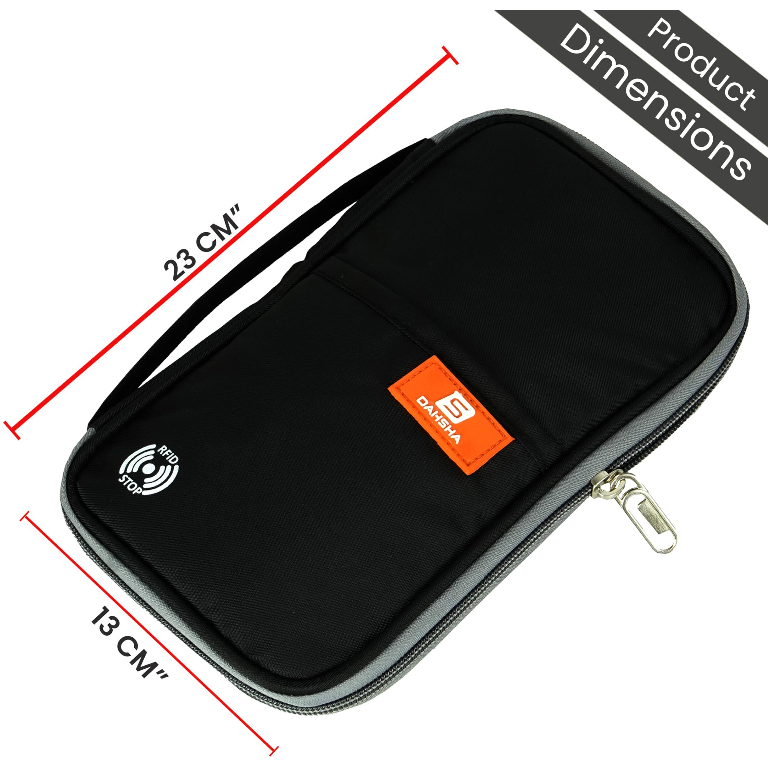 DAHSHA RFID Long Travel Family Passport Holder Fabric Wallet Organiser for Credit Debit Card Boarding Pass International Trip for Men and Women (Black- 23 X 3 X 13Cm)