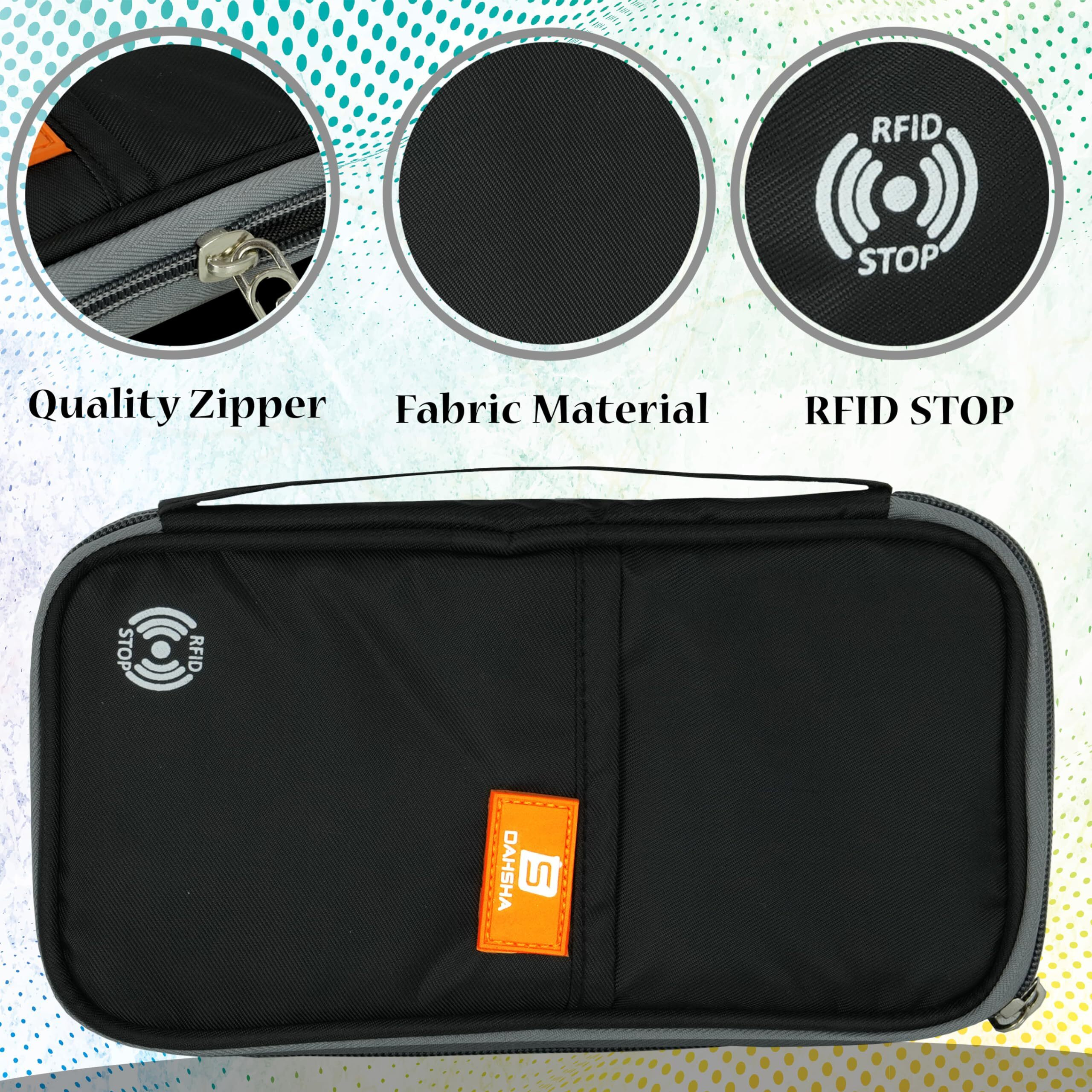 DAHSHA RFID Long Travel Family Passport Holder Fabric Wallet Organiser for Credit Debit Card Boarding Pass International Trip for Men and Women (Black- 23 X 3 X 13Cm)