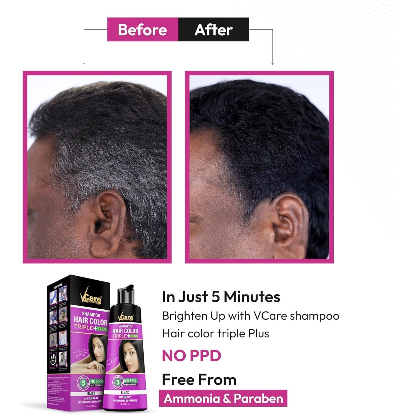 VCare Shampoo Hair Colour Shampoo-Black 180ml for Women and Men |Pump pack with Natural extracts | Colours hair in minutes|Enriched with growth factors & antioxidants, Ammonia free, Sulphate free