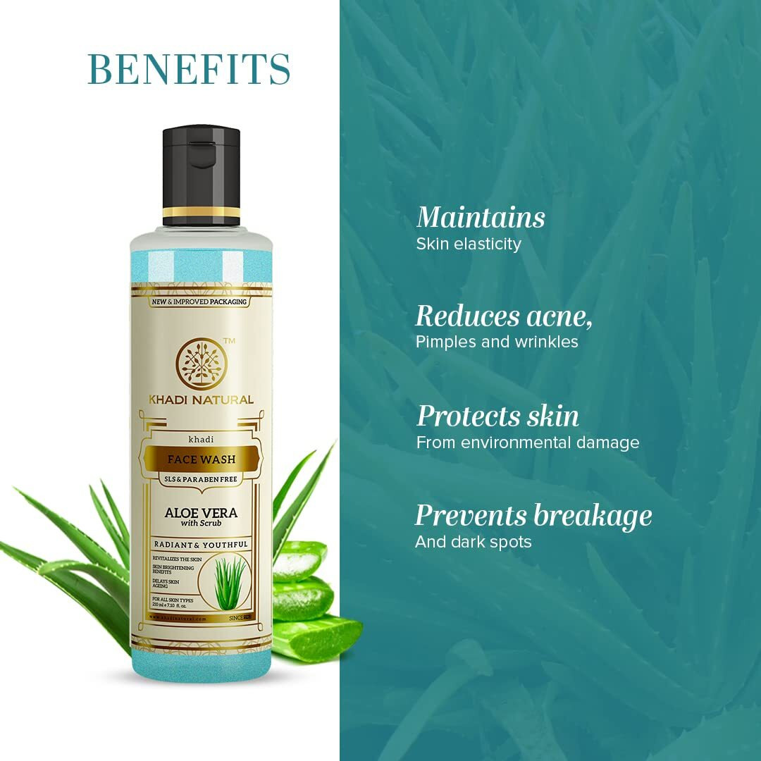 Khadi Natural Aloe Vera Face Wash with Scrub | Face Wash for Younger-Looking Skin | Face Scrub for Fighting Early Signs of Ageing | Paraben & SLS Free | Suitable for All Skin Types | 210ml