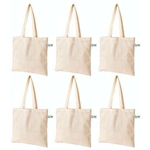 VantageKart Natural Cotton Plain Tote Shopping Bags with Extra Strong 13  Handle | Hold 35 lbs | Heavy Duty, Washable, Eco Friendly Biodegradable Canvas Multipurpose Grocery Bag - Set of 6