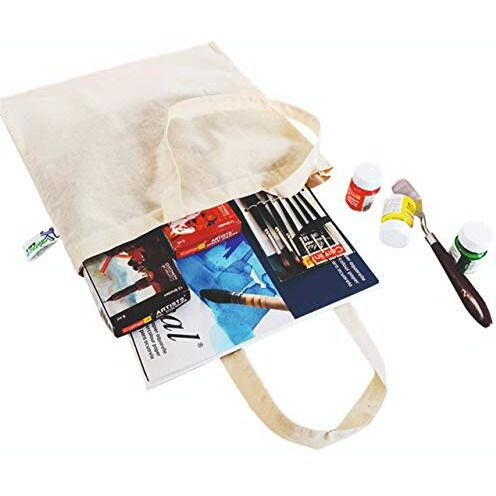 VantageKart Natural Cotton Plain Tote Shopping Bags with Extra Strong 13  Handle | Hold 35 lbs | Heavy Duty, Washable, Eco Friendly Biodegradable Canvas Multipurpose Grocery Bag - Set of 6