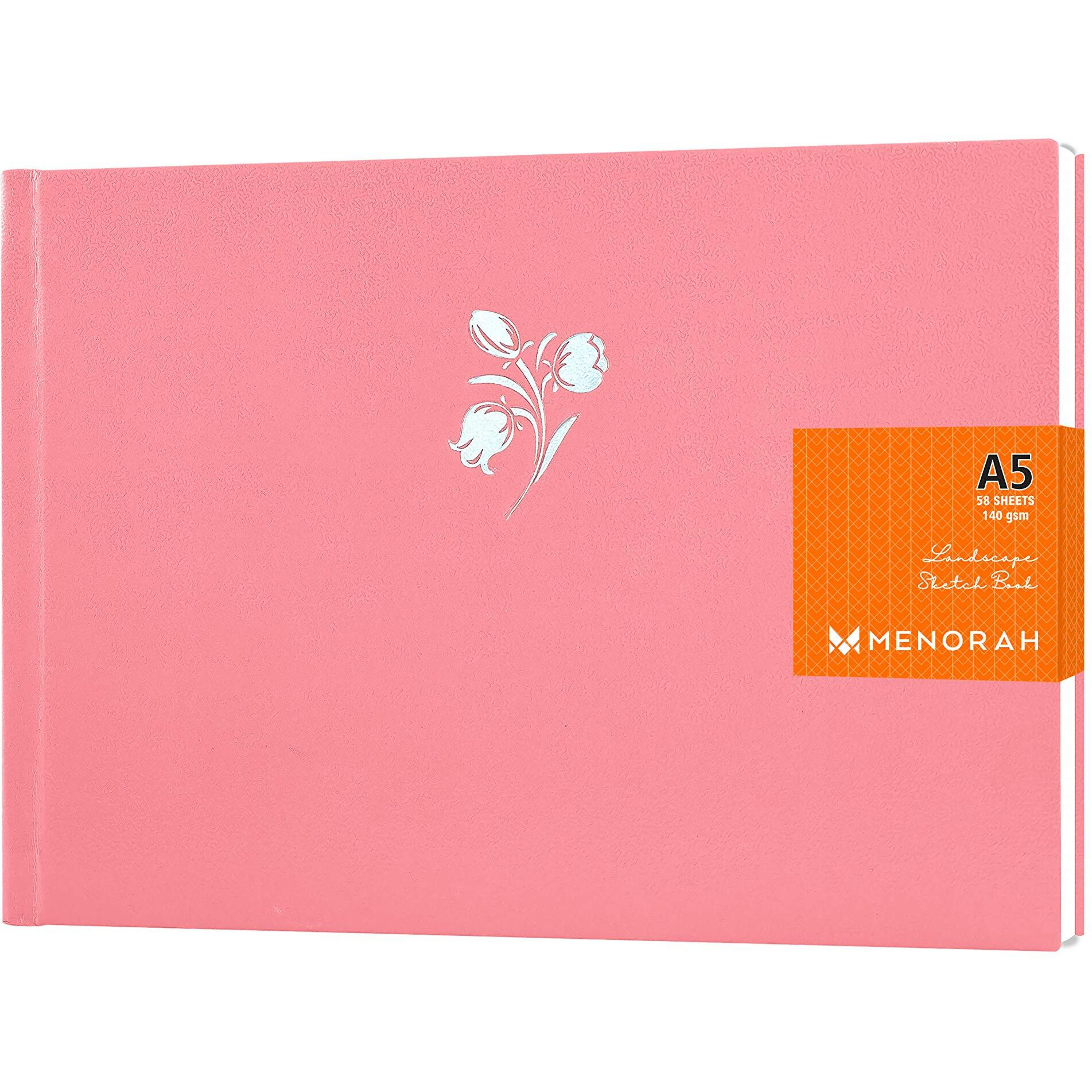 MENORAH - A5- Sketch Book for Artist -140 GSM-(58 Sheets / 116 Pages)- Art Journal (Size 14.8 cm x 21.0 cm)-Drawing Book -Hard Case Bound-Handmade-CASSATA Sketchbook-(Cherry Pink- Orchid)- Landscape