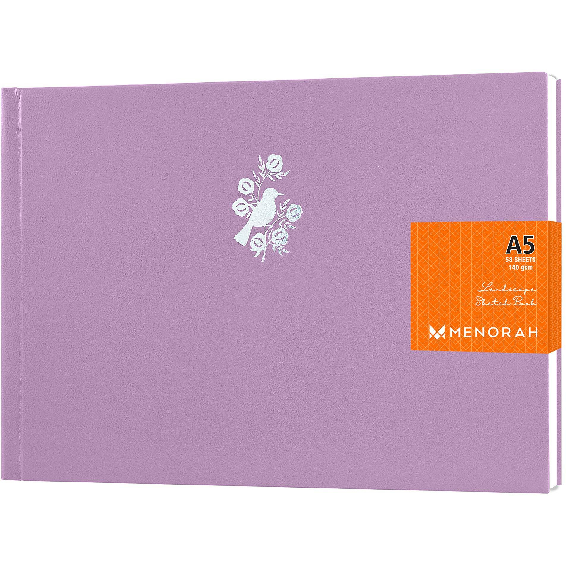 MENORAH Paper A5 Artist Sketch Book 140 Gsm - (58 Sheets / 116 Pages)- Drawing Notebook - (Size - 14.8 Cm X 21.0 Cm)- Hard Case Bound Sketchbook (Angelic Purple - Bird)- Landscape, Watercolor