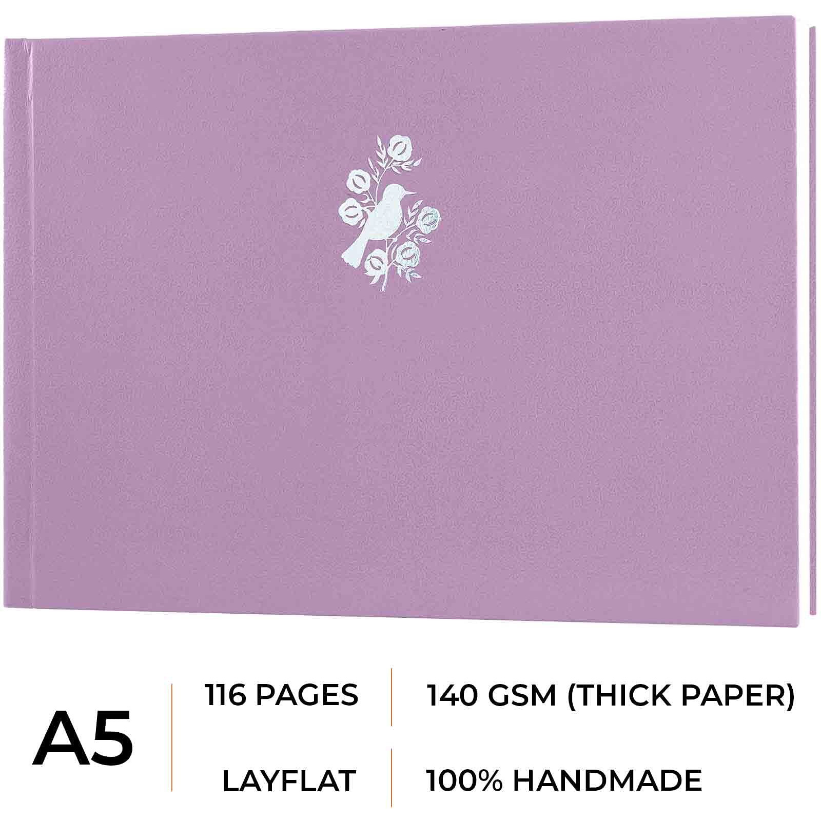 MENORAH Paper A5 Artist Sketch Book 140 Gsm - (58 Sheets / 116 Pages)- Drawing Notebook - (Size - 14.8 Cm X 21.0 Cm)- Hard Case Bound Sketchbook (Angelic Purple - Bird)- Landscape, Watercolor
