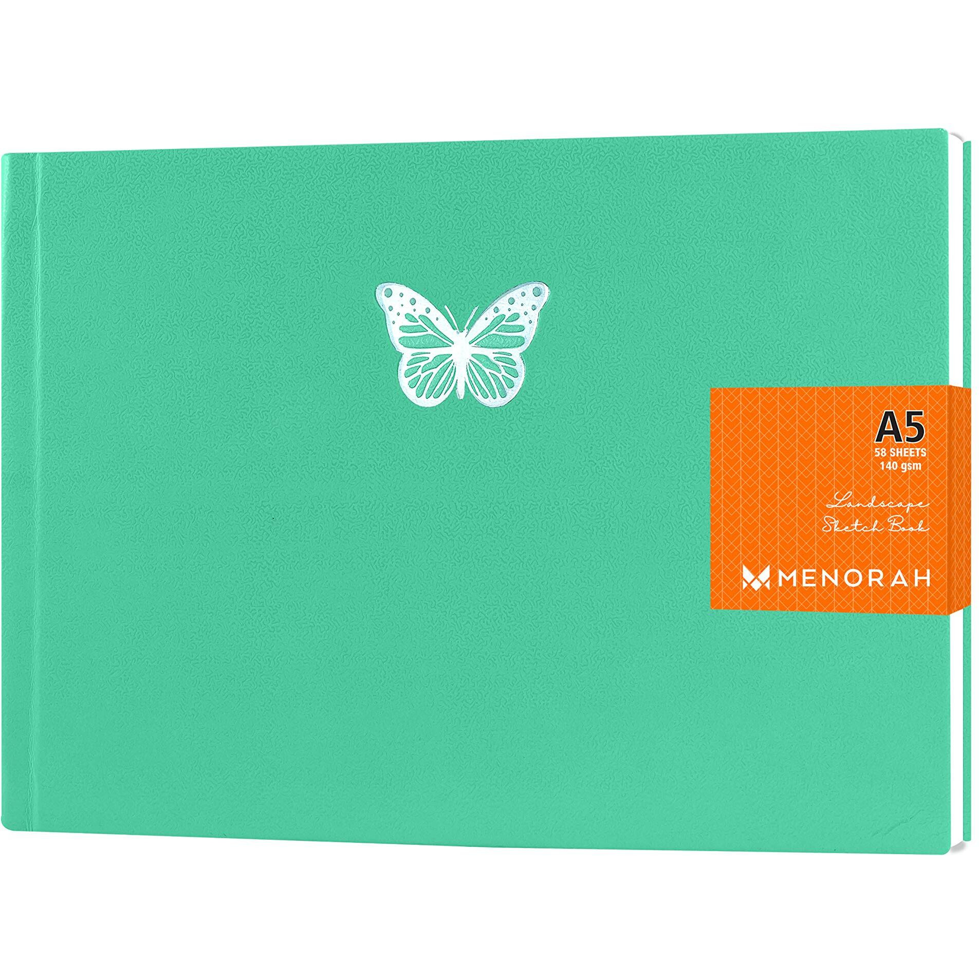 MENORAH - A5 Sketch Book for Artist -140 GSM -(58 Sheets/116 Pages)  A5 Stylish Art Journal for Girls - (Size - 14.8 cm x 21.0 cm) -Handmade-CASSATA Sketchbook (Sweet Mint - Butterfly) - Landscape