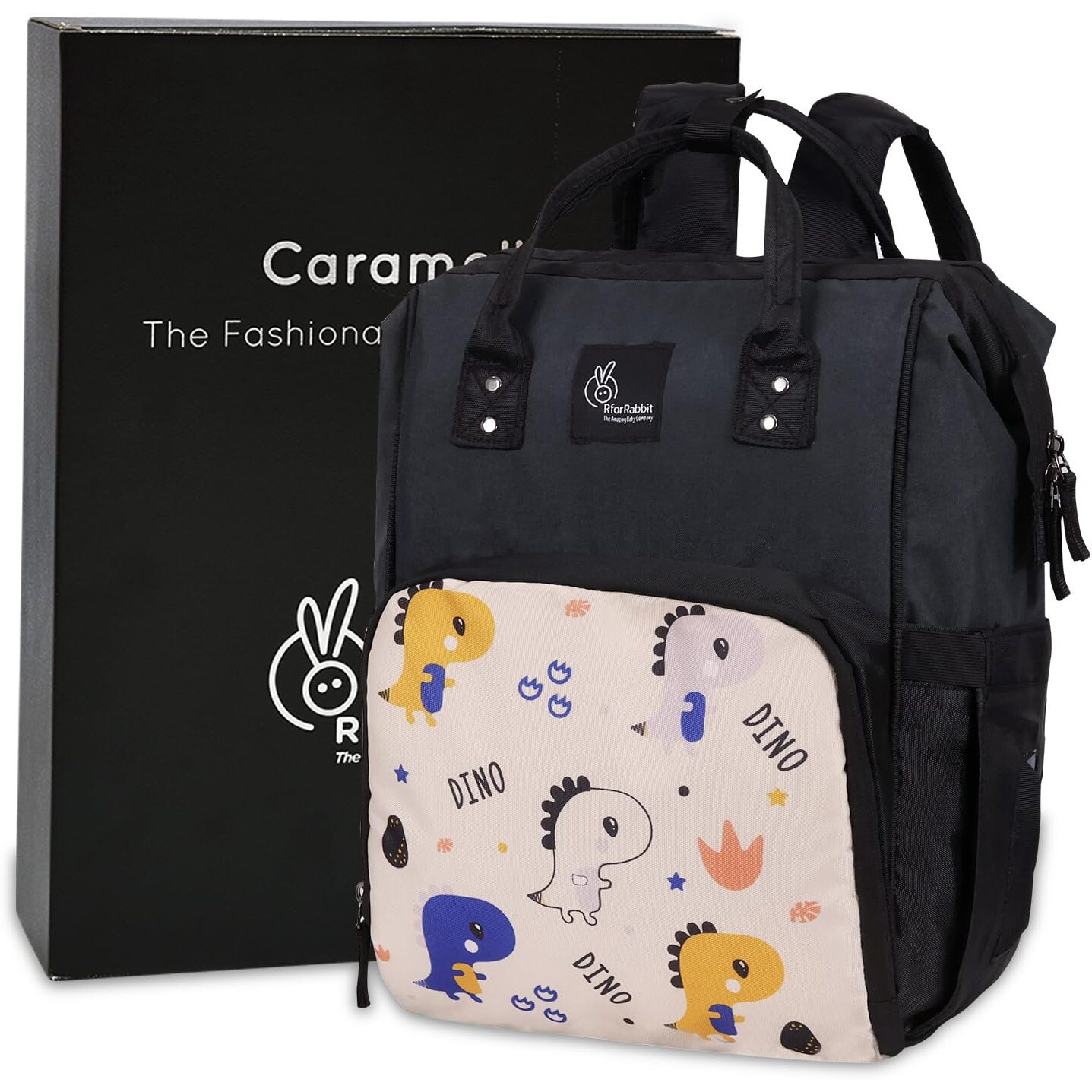 R for Rabbit Caramello Dino Diaper Bag for Mother, Multipurpose Stylish Diaper Bag with 11 Pockets, Water Resistant, 3 Insulated Front Pockets (Beige)