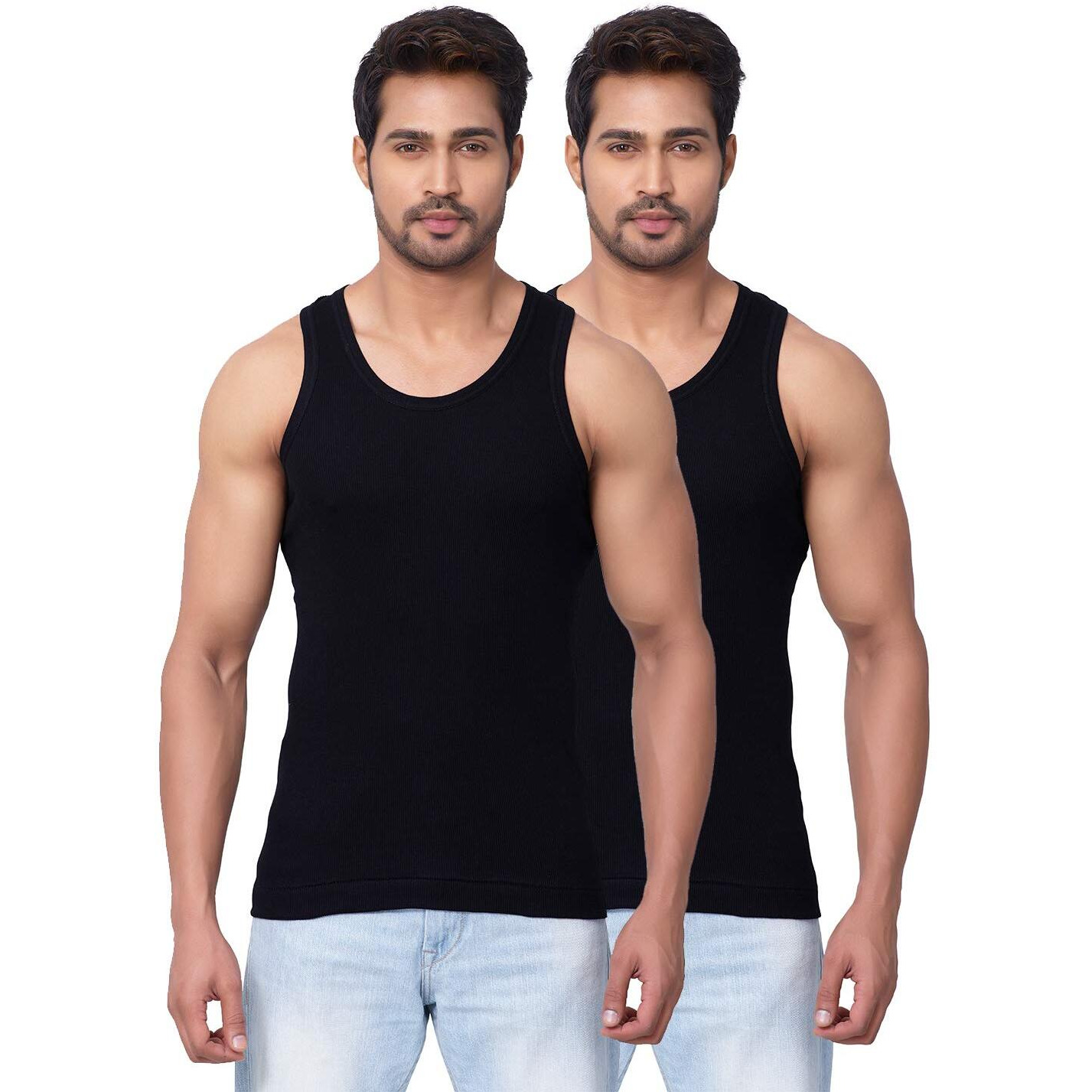 Dixcy Scott Originals Mens Round Neck Sleeveless Body Fit Solid Vest - Victory Vest(Black and Black - Pack of 2 )-XL
