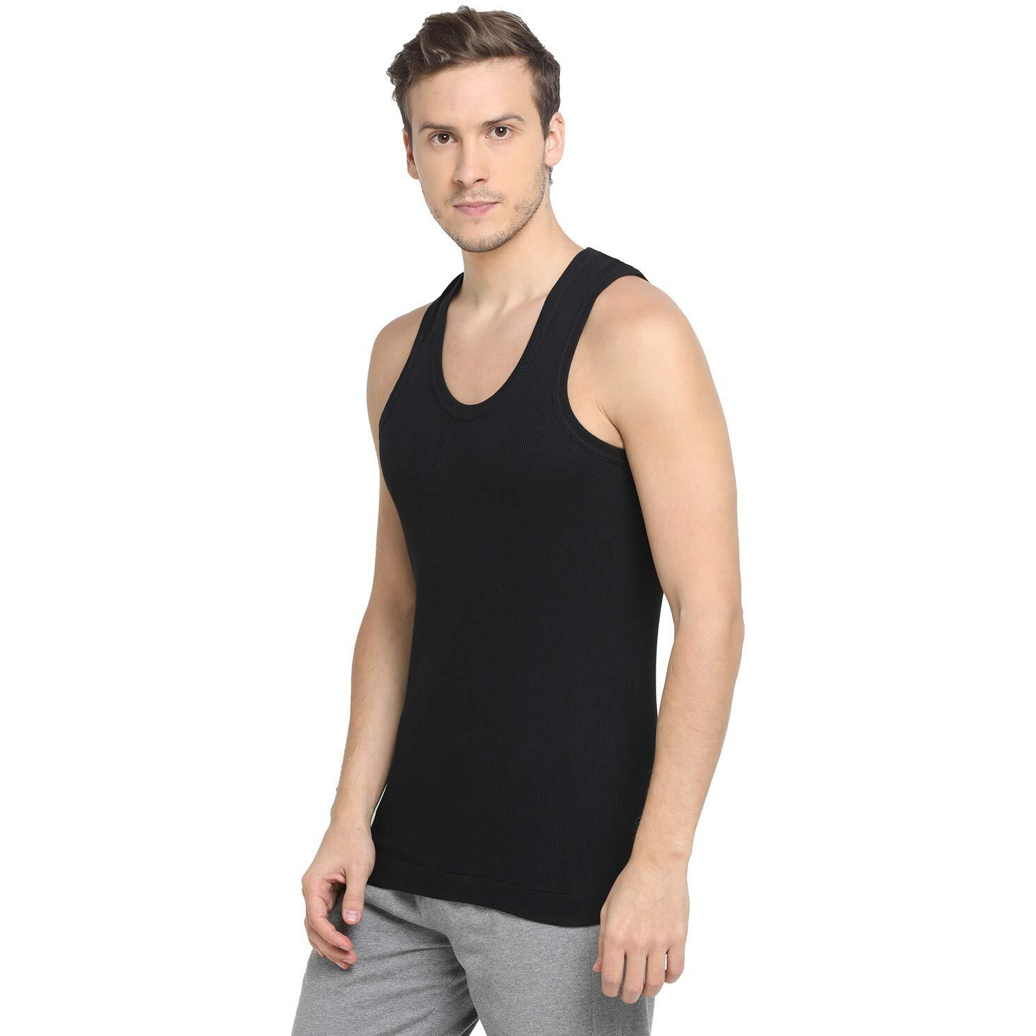 Dixcy Scott Originals Mens Round Neck Sleeveless Body Fit Solid Vest - Victory Vest(Black and Black - Pack of 2 )-XL