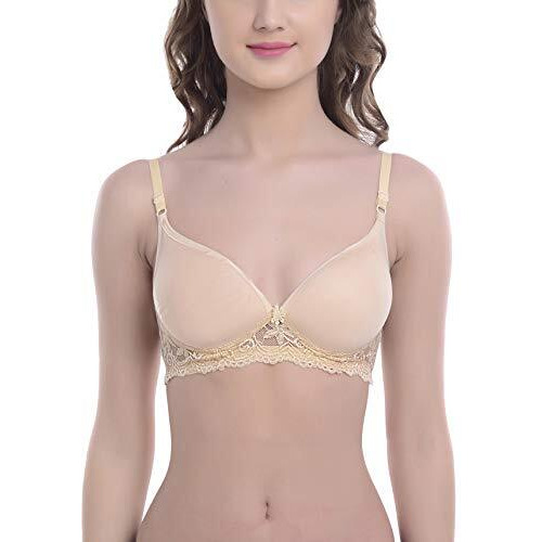FIMS - Fashion is my style Women Padded Lace Cotton Non Wired Full Coverage T-Shirt Bra Shaper Bra Push up Teenage Bra Regular Use Bra Comfortable Bra Black Beige-Size 36