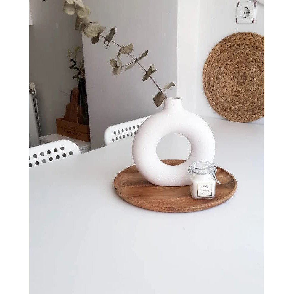Farkraft Flower Vase, White Vase, Pampas Grass Vase, Ceramic Vase, Donut Round Shaped Vase, Home Decor Centrepiece, Decor Showpiece Donut Vase 6 Inches (Pack of 1)