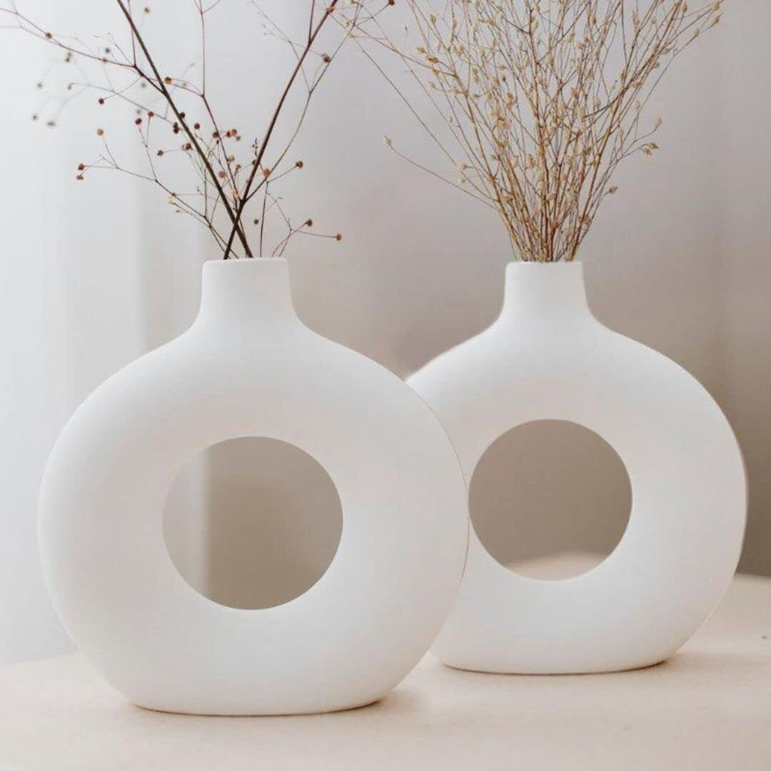 Farkraft White Ceramic Donut Vase Set of 2 (6 Inches), Donut Vases for Home Decor, Circle Round Modern Pampas Vases for Wedding Dinner Table Party Living Room Office Bedroom, Decorative Gift