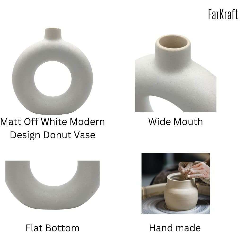 Farkraft White Ceramic Donut Vase Set of 2 (6 Inches), Donut Vases for Home Decor, Circle Round Modern Pampas Vases for Wedding Dinner Table Party Living Room Office Bedroom, Decorative Gift