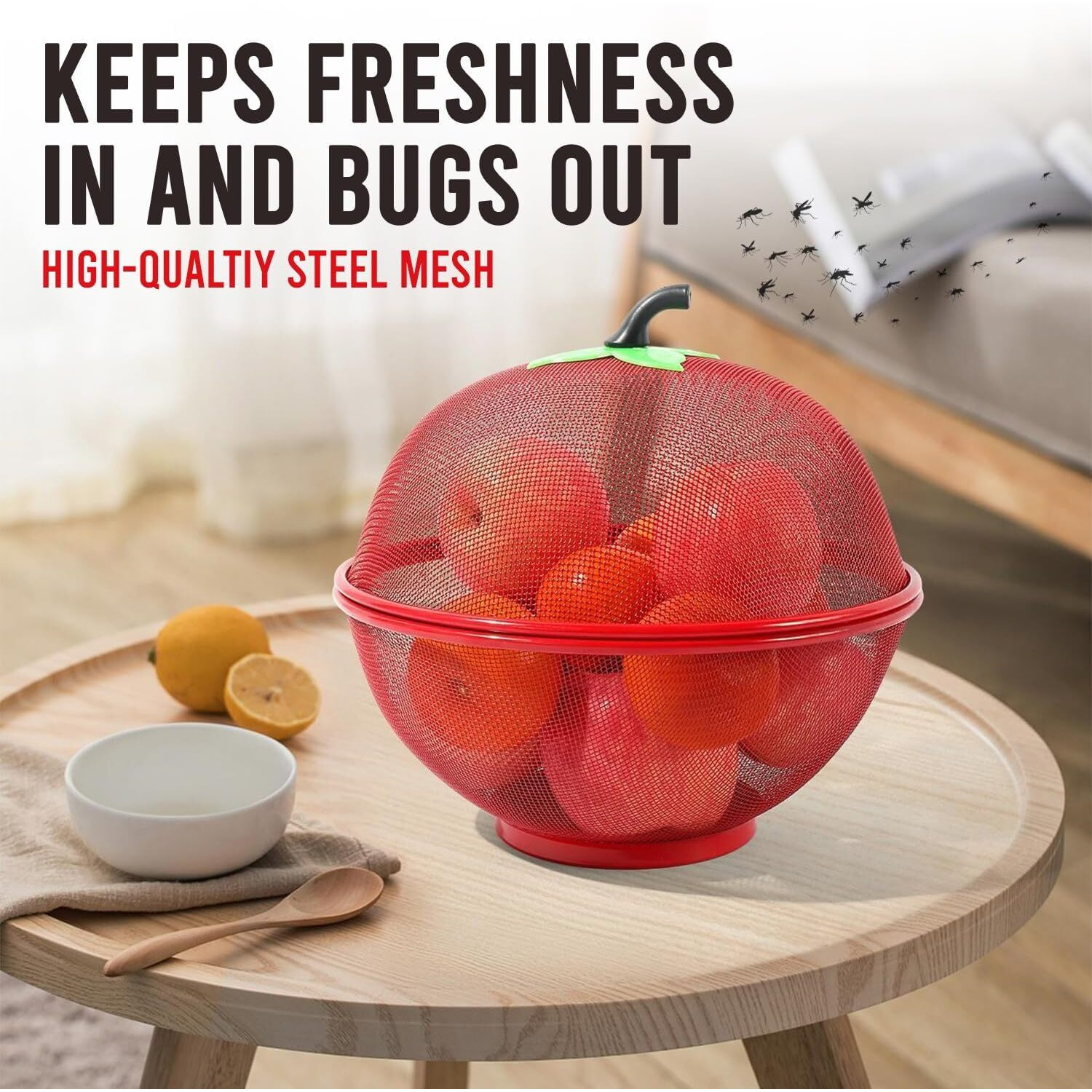 XAVRY Apple Shape Fruit Basket with Net Cover for Kitchen Storage (Large 28.5 cm) | Red Iron Mesh for Fruits & Vegetables, 1L, Freestanding, Accent Shelf