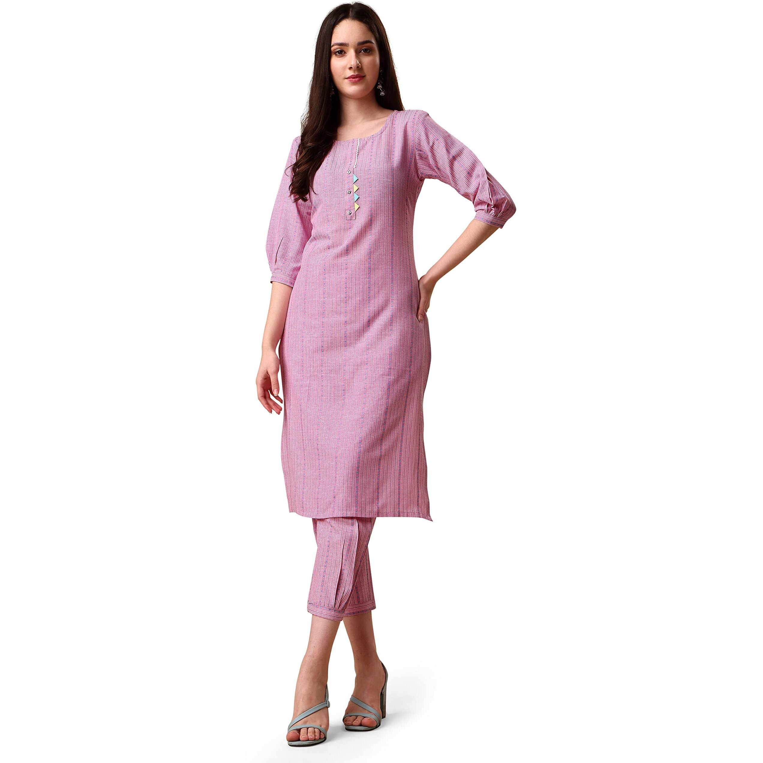 EthnicJunction Cotton Blend Women s Woven Striped Work Straight Kurta With Pant (Bt5-Rangsari-Pink_Large)