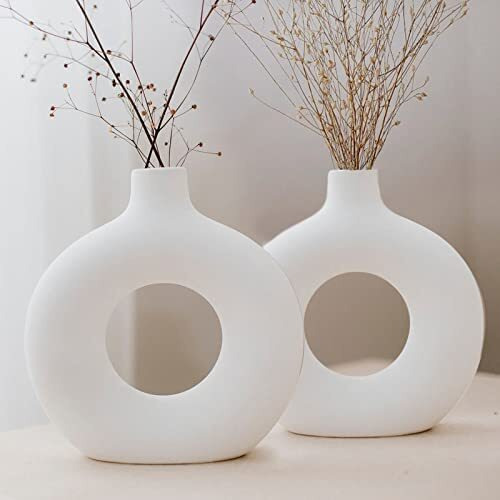 Farkraft White Donut Vase Ceramic Vase for Pampas Grass Home Decor Items for Living Room Bedroom Accessories Dried Flower Vase Marriage Gifts for Couples (8 Inch Set of 2)