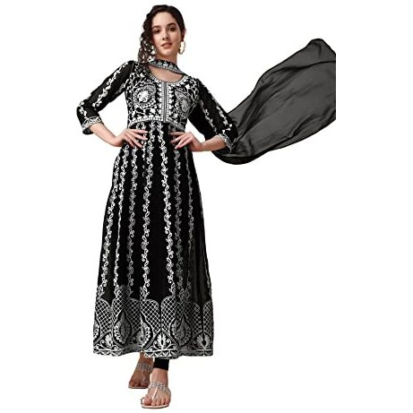 EthnicJunction Women s Georgette Chikankari Embroidery Anarkali Kurta Pant with Dupatta Set Black