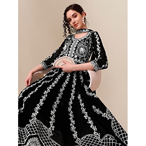 EthnicJunction Women s Georgette Chikankari Embroidery Anarkali Kurta Pant with Dupatta Set Black