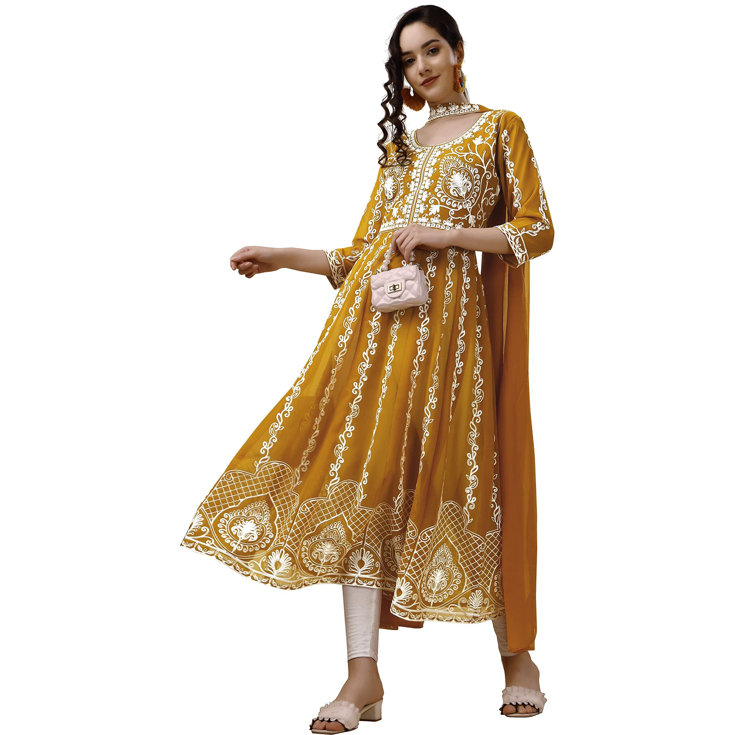 EthnicJunction Women s Georgette Chikankari Embroidery Anarkali Kurta Dupatta Set (KD1-Nazma-Mustard_2XL_Honey Yellow)
