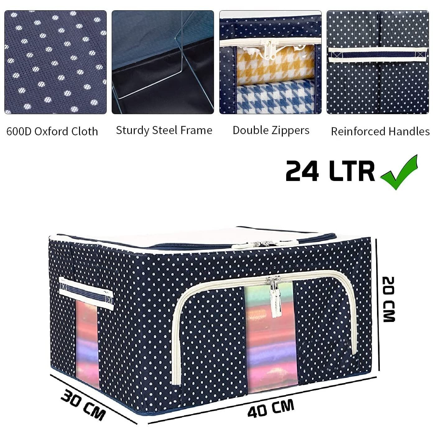 COSTEM Clothes Storage Box Foldable Steel Frame Clothes Organizer Storage Box For Wardrobe, Saree, Shirts, And Blankets (66 Ltr- Pack Of 1) (24 Ltr Pack Of 2, Oxford Fabric), BLUE
