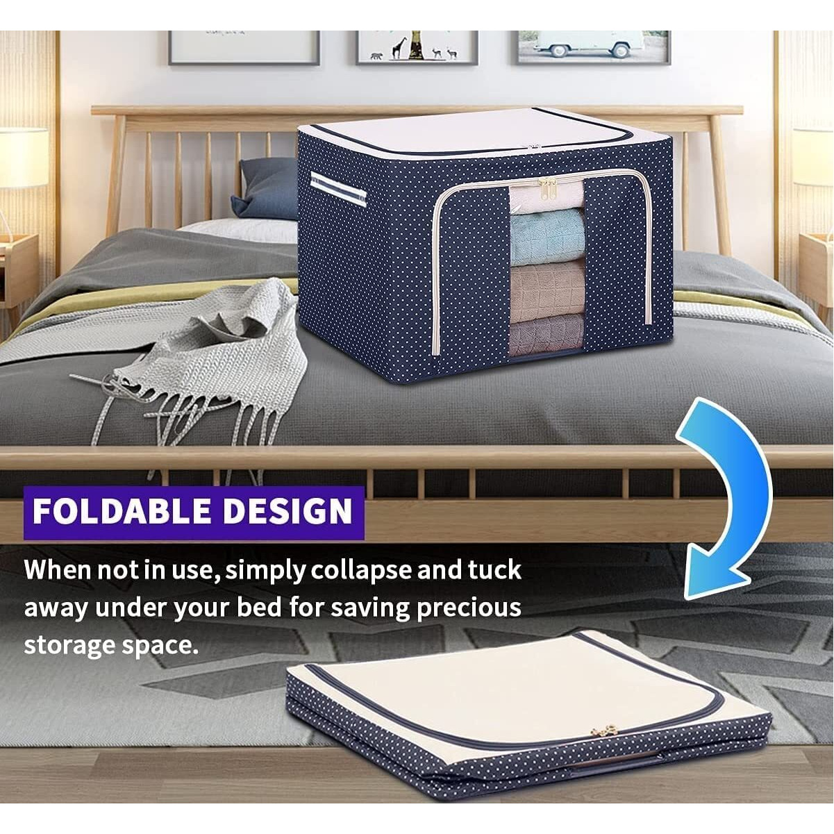 COSTEM Clothes Storage Box Foldable Steel Frame Clothes Organizer Storage Box For Wardrobe, Saree, Shirts, And Blankets (66 Ltr- Pack Of 1) (24 Ltr Pack Of 2, Oxford Fabric), BLUE