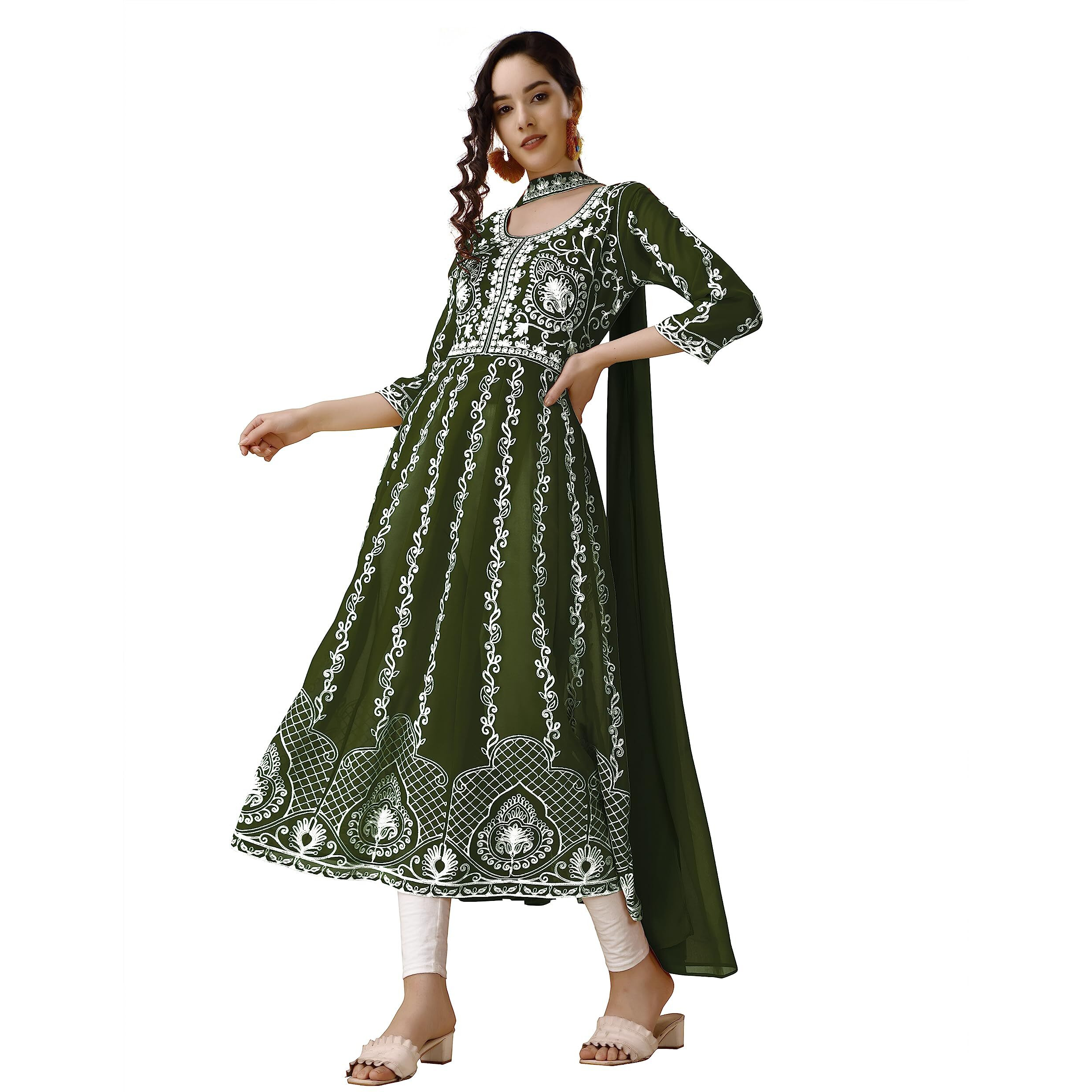 EthnicJunction Women s Georgette Chikankari Embroidery Anarkali Kurta & Dupatta Set (KD1-Nazma-Mehendi_S_Mehendi)