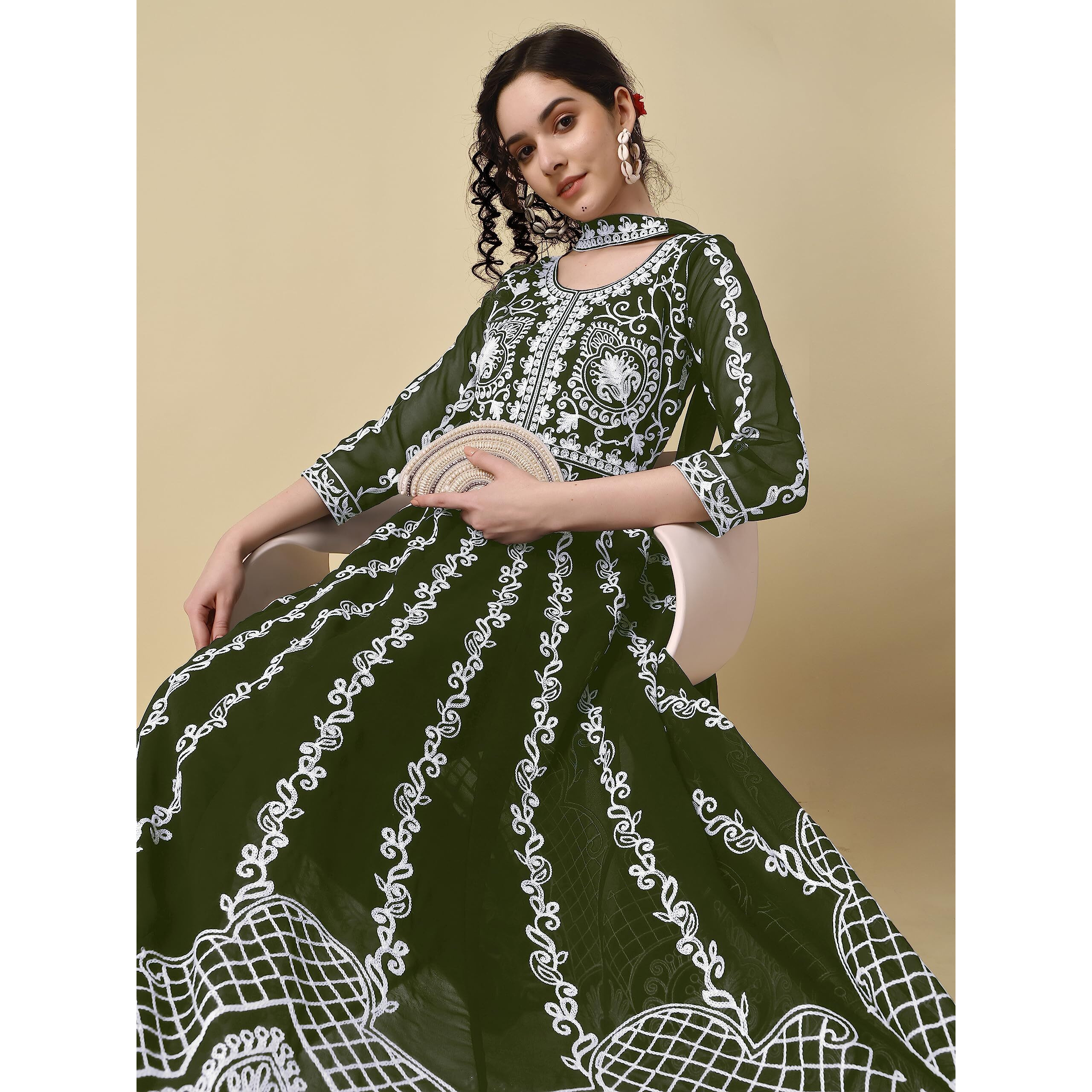 EthnicJunction Women s Georgette Chikankari Embroidery Anarkali Kurta & Dupatta Set (KD1-Nazma-Mehendi_S_Mehendi)