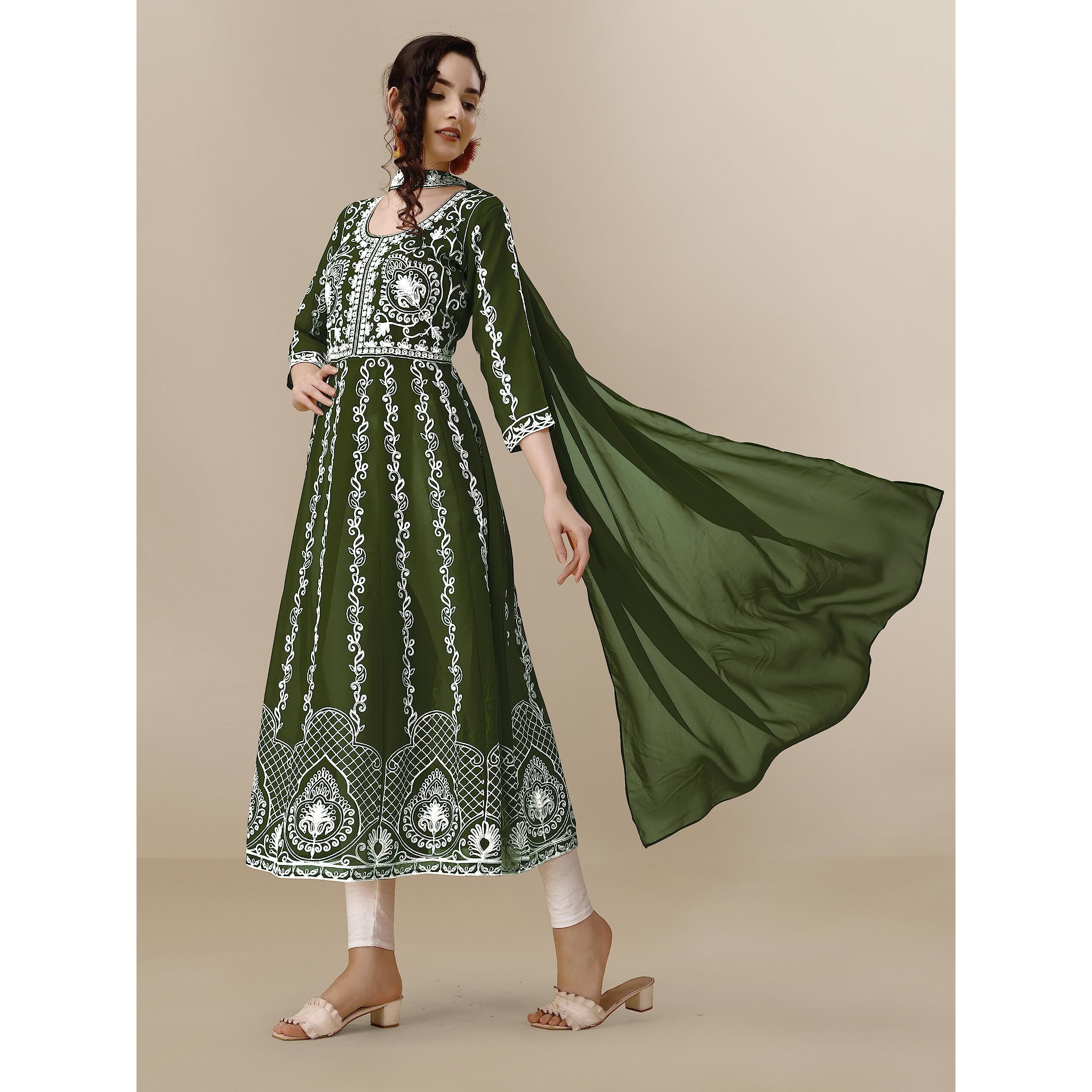 EthnicJunction Women s Georgette Chikankari Embroidery Anarkali Kurta & Dupatta Set (KD1-Nazma-Mehendi_S_Mehendi)