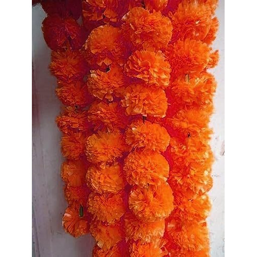 HOME BUY Artificial Marigold Flowers for Decoration Garland for Diwali & Festivals | 5 Feet Long 5 Pcs (Orange)