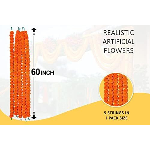 HOME BUY Artificial Marigold Flowers for Decoration Garland for Diwali & Festivals | 5 Feet Long 5 Pcs (Orange)