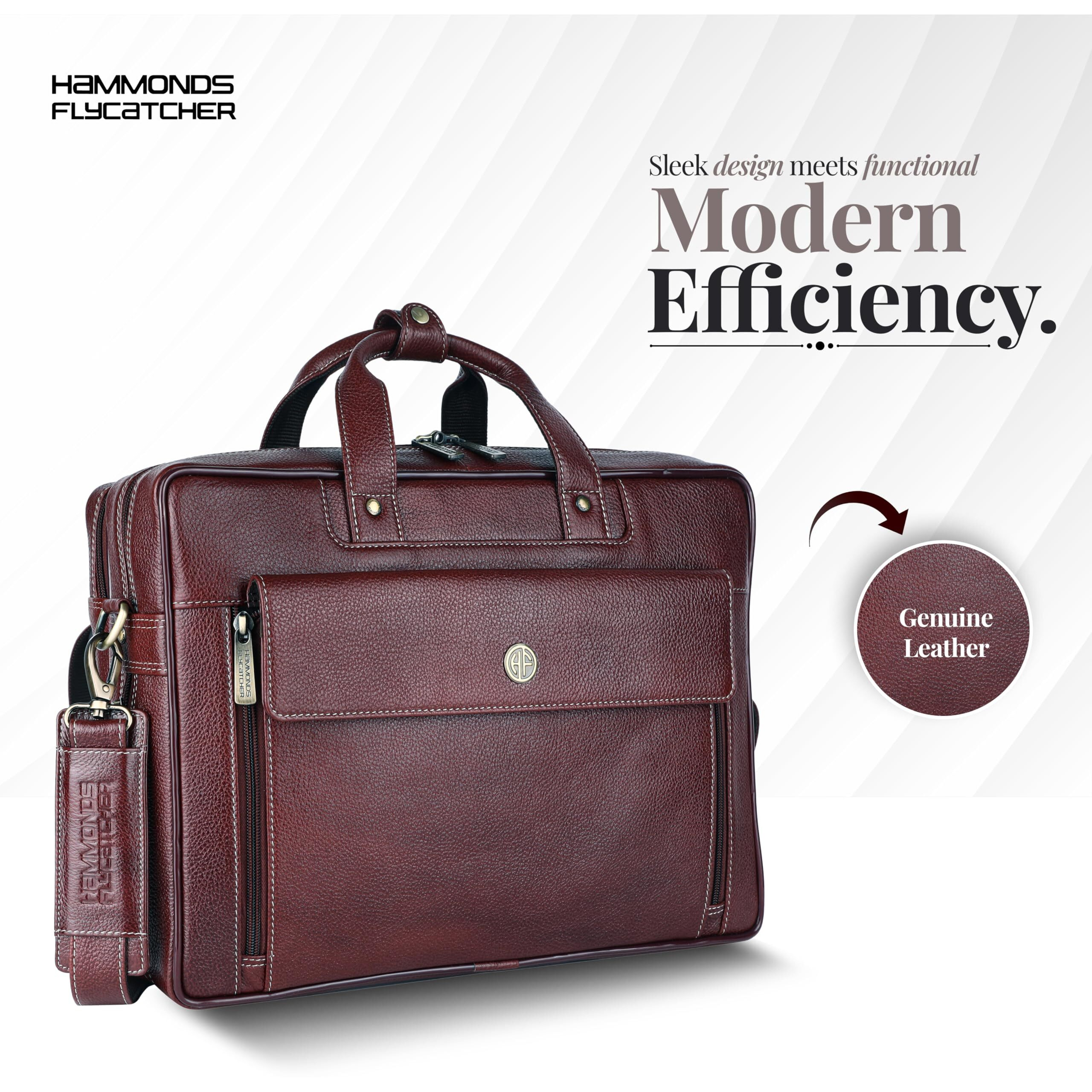 HAMMONDS FLYCATCHER Genuine Leather Office Bag for Men, 15.6 Inch Professional Leather Laptop Bag for Men, Adjustable Strap and Multiple Compartments, Leather Bag for Men - 1 Year Warranty, Brown