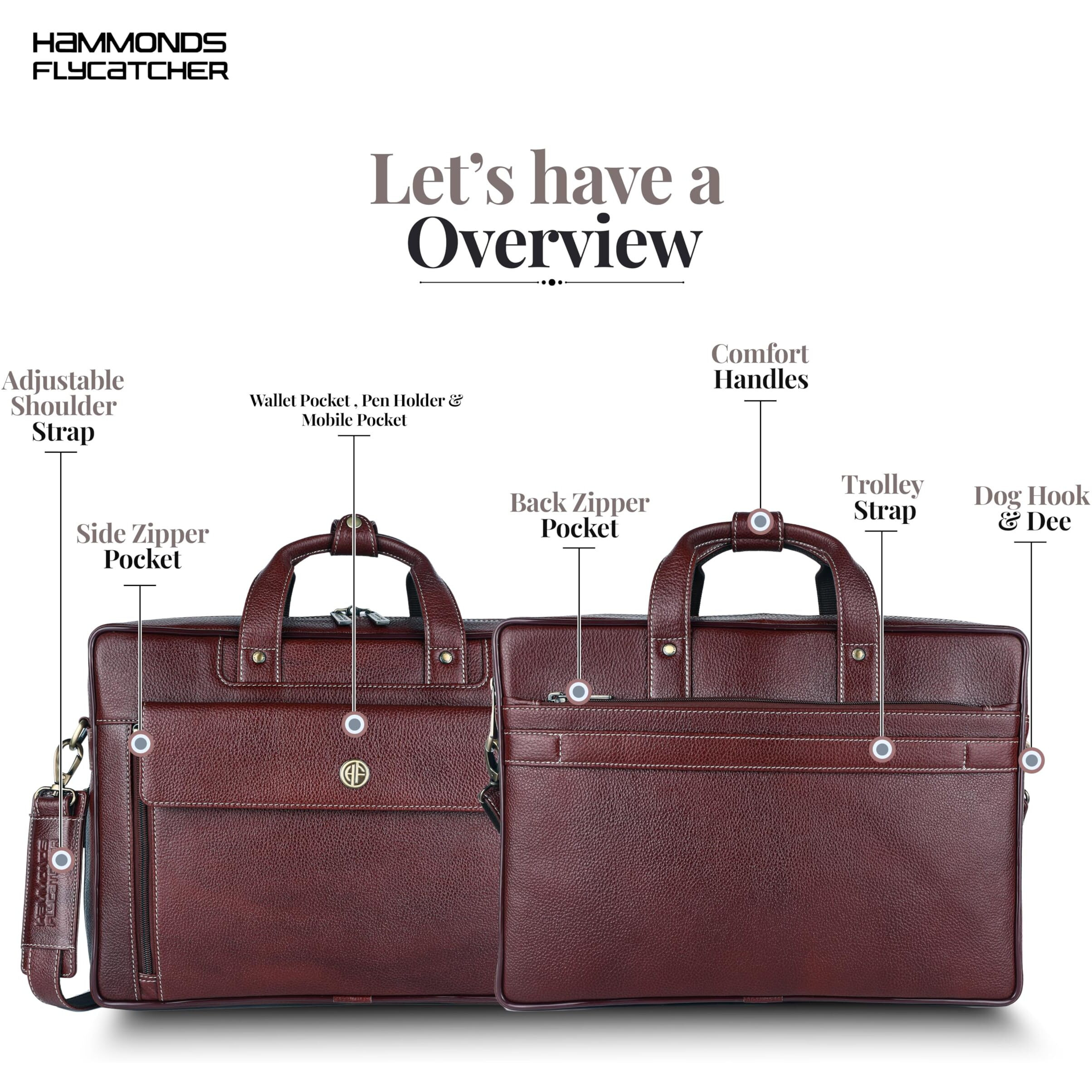 HAMMONDS FLYCATCHER Genuine Leather Office Bag for Men, 15.6 Inch Professional Leather Laptop Bag for Men, Adjustable Strap and Multiple Compartments, Leather Bag for Men - 1 Year Warranty, Brown