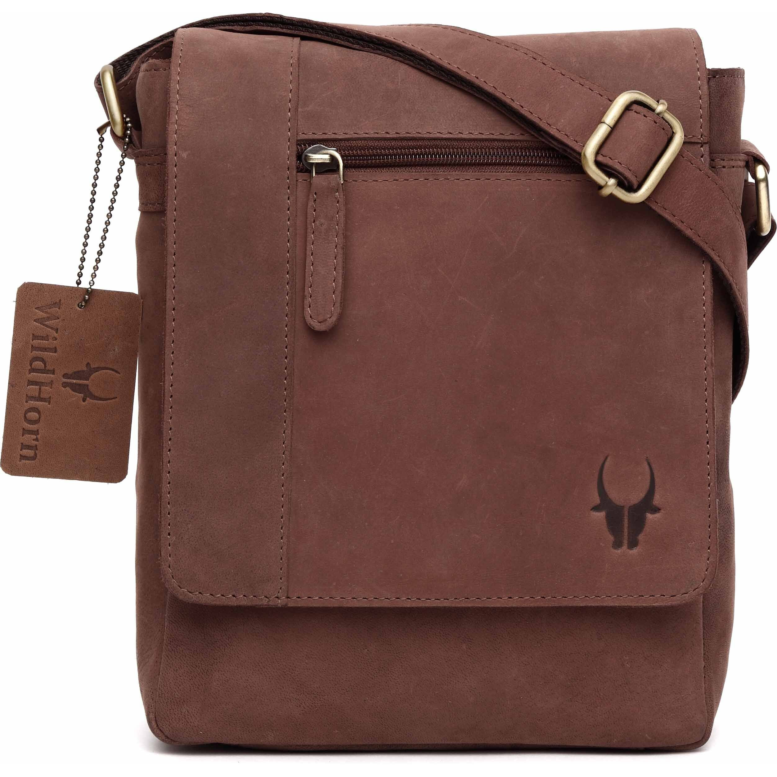 WildHorn Leather Sling Messenger Bag for Men I Multipurpose Crossbody Bag I Travel Bag with Adjustable Strap I IDIMENSION L- 8 inch H- 10.5 inch W- 2.75 inch