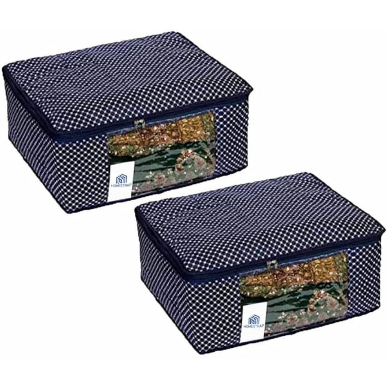 Homestrap Set of 2Cotton Quilted 3 Layered Foldable Saree Covers/Clothes Storage Bag/Wardrobe Organizer With Transparent Window And Zip For Lehenga, Suit, Dress, & Accessories (Navy Blue)