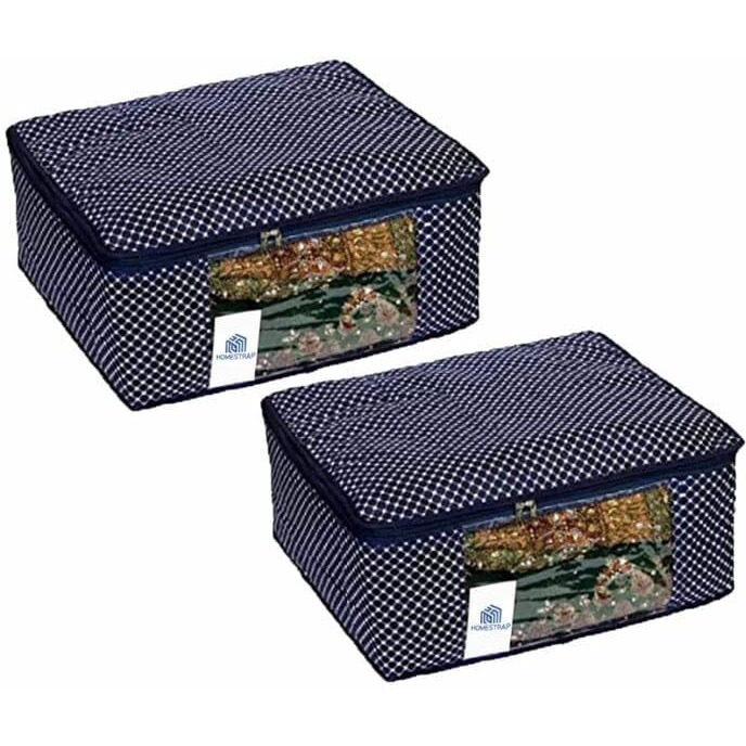 Homestrap Set of 2Cotton Quilted 3 Layered Foldable Saree Covers/Clothes Storage Bag/Wardrobe Organizer With Transparent Window And Zip For Lehenga, Suit, Dress, & Accessories (Navy Blue)