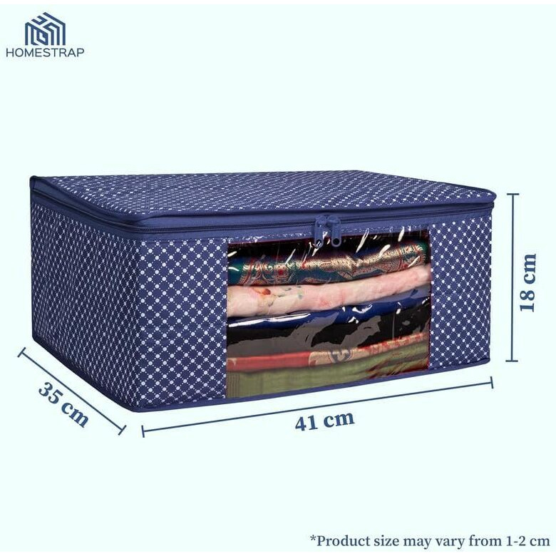 Homestrap Set of 2Cotton Quilted 3 Layered Foldable Saree Covers/Clothes Storage Bag/Wardrobe Organizer With Transparent Window And Zip For Lehenga, Suit, Dress, & Accessories (Navy Blue)