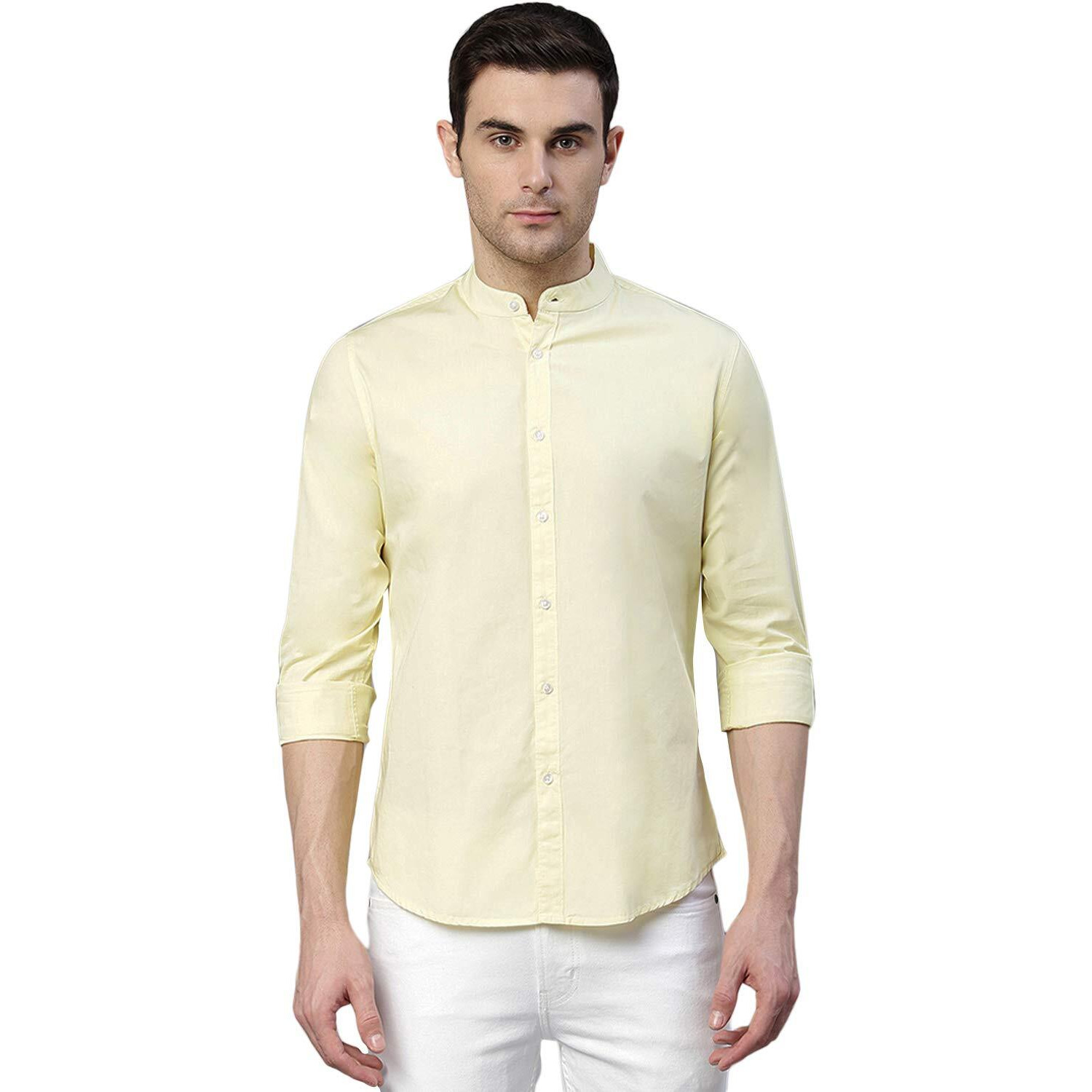 Dennis Lingo Men s Solid Chinese Collar Yellow Casual Shirt (CC201_Lemon_M)