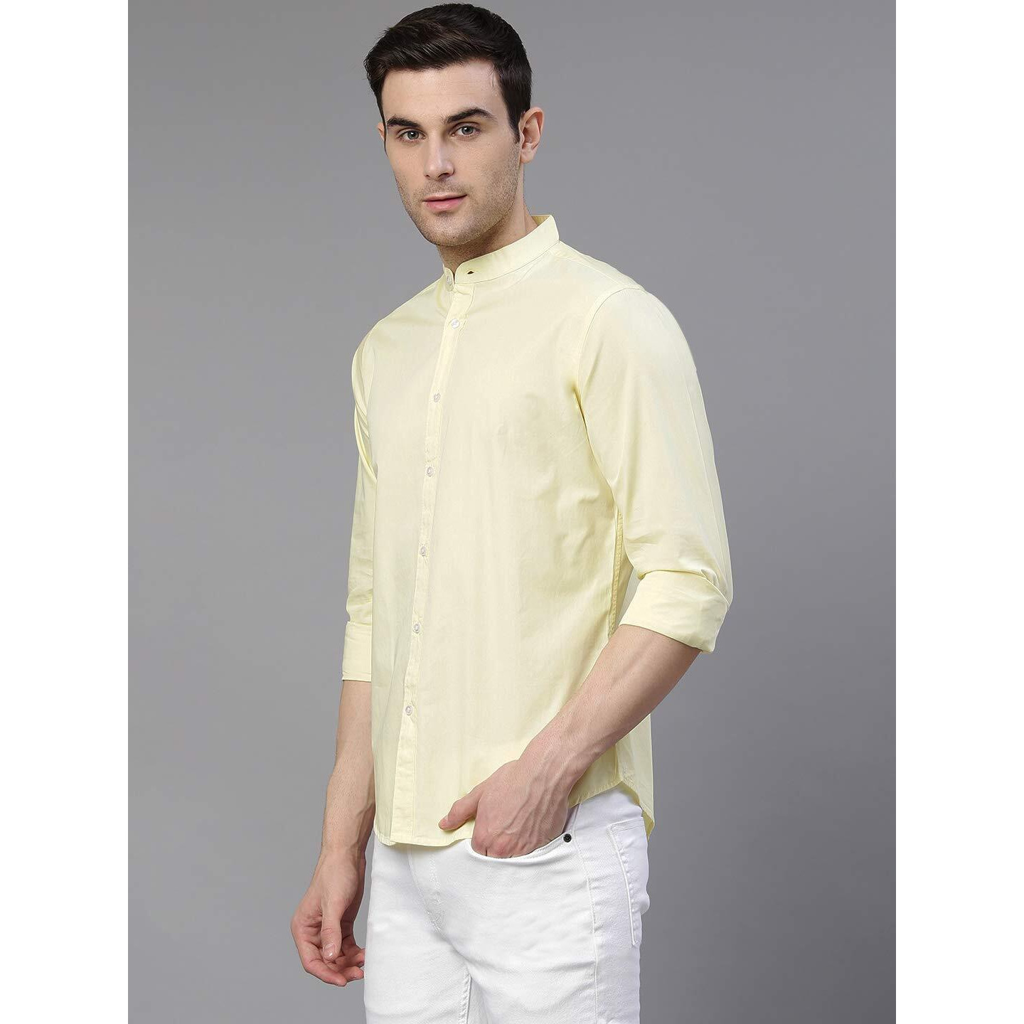 Dennis Lingo Men s Solid Chinese Collar Yellow Casual Shirt (CC201_Lemon_M)