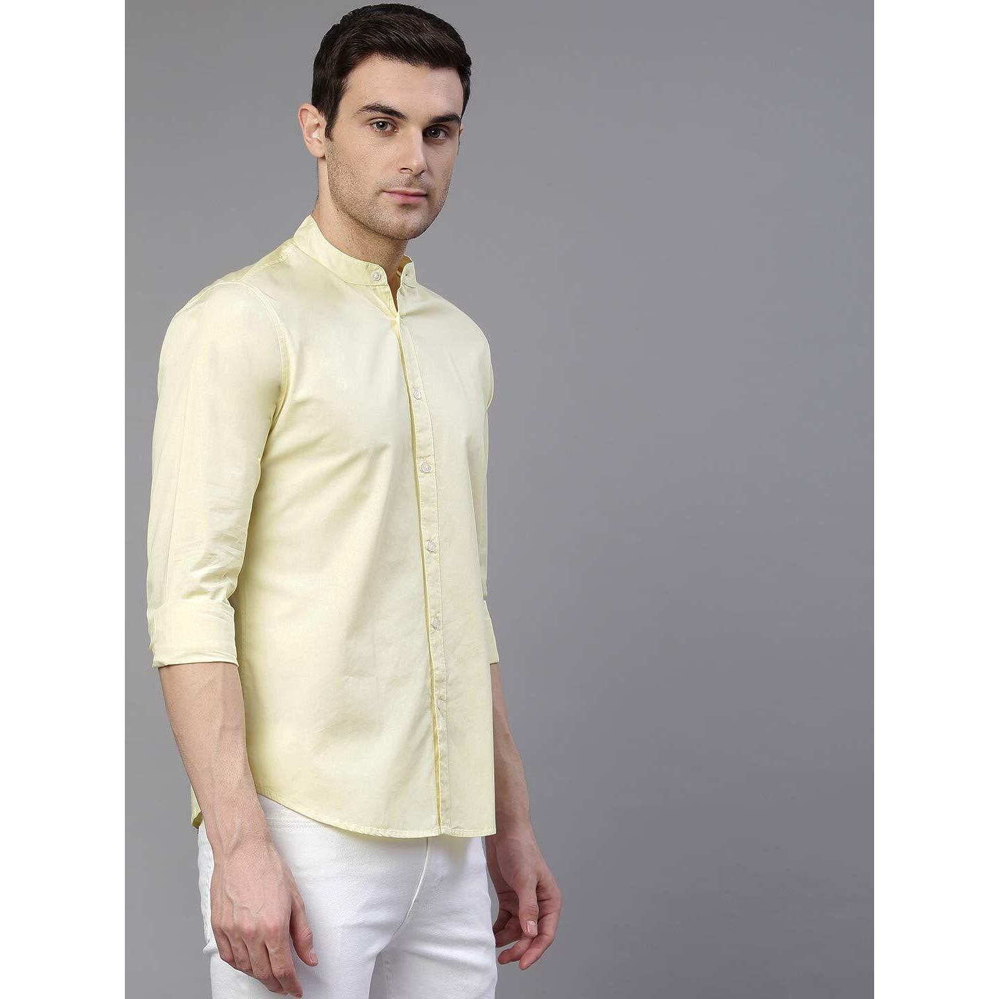 Dennis Lingo Men s Solid Chinese Collar Yellow Casual Shirt (CC201_Lemon_M)