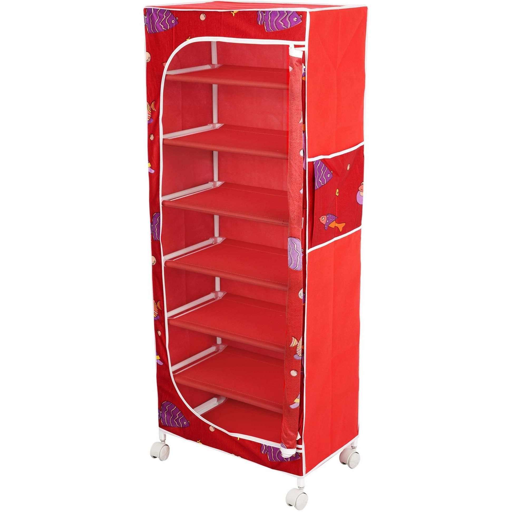 Little One S | 7 Shelves Baby Foldable Wardrobe | Aquatic Red (Made In India) - Fabric