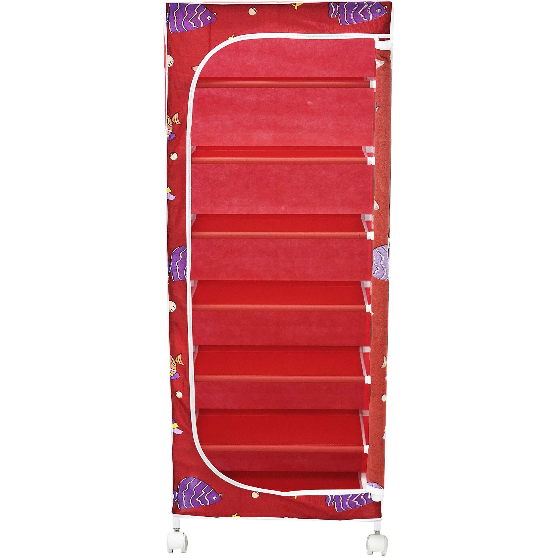 Little One S | 7 Shelves Baby Foldable Wardrobe | Aquatic Red (Made In India) - Fabric