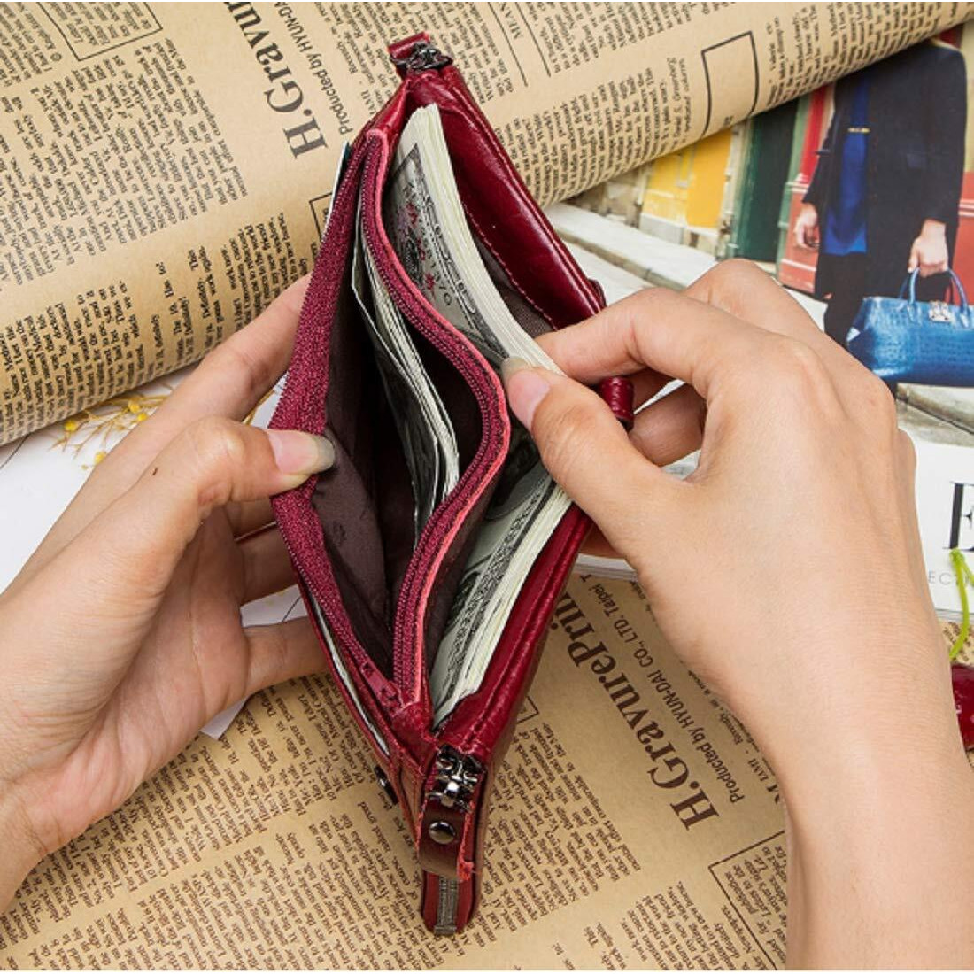 Contacts Men s Genuine Leather Wallet | RFID Blocking Wallet for Men | Bifold Zip Wallet| 7 Card Slots, 1 ID Window (Red)