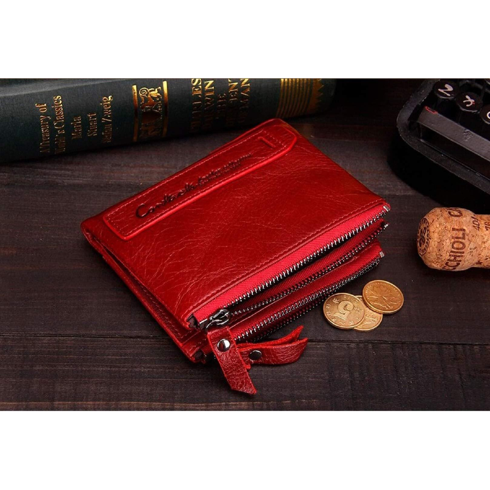 Contacts Men s Genuine Leather Wallet | RFID Blocking Wallet for Men | Bifold Zip Wallet| 7 Card Slots, 1 ID Window (Red)