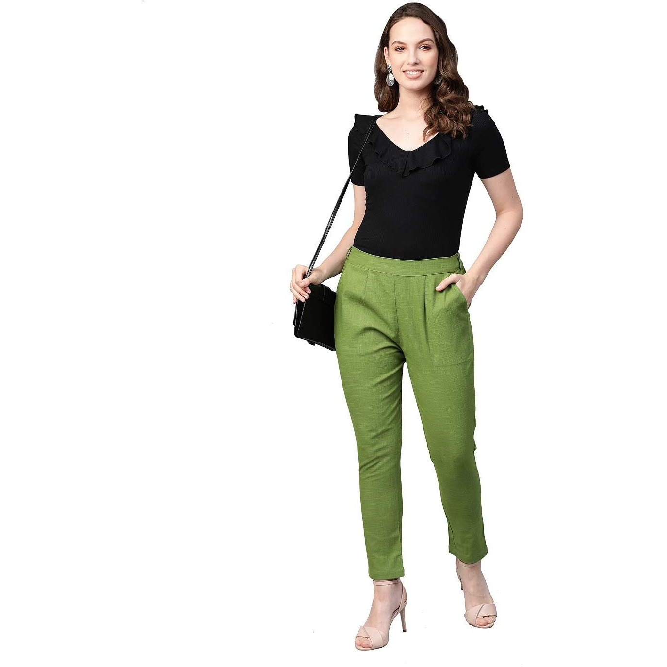 Yash Gallery Women s Solid Cotton Slub Regular Fit Ankle Length Trouser Pant (Green, S) | Rise Style Mid Rise