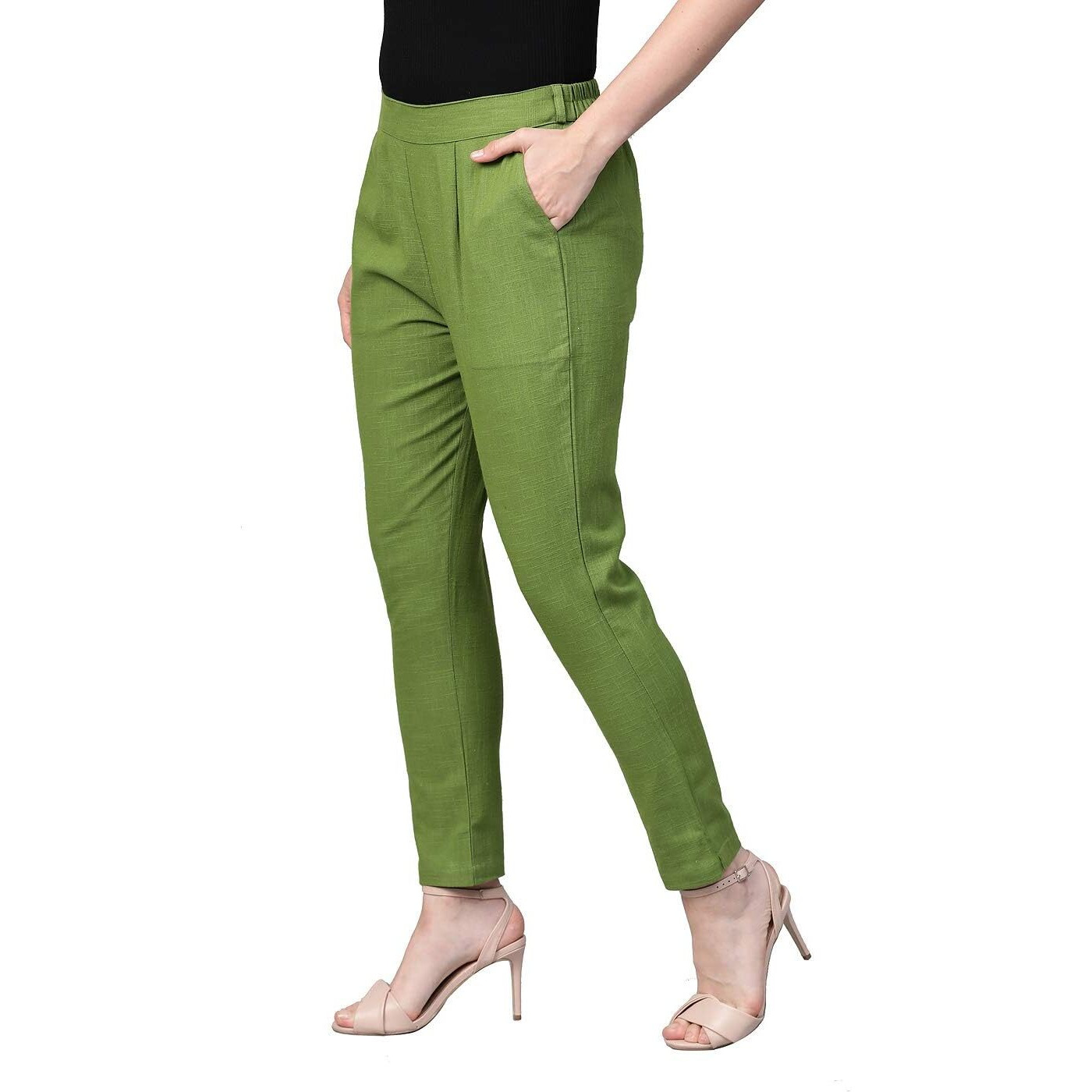 Yash Gallery Women s Solid Cotton Slub Regular Fit Ankle Length Trouser Pant (Green, S) | Rise Style Mid Rise