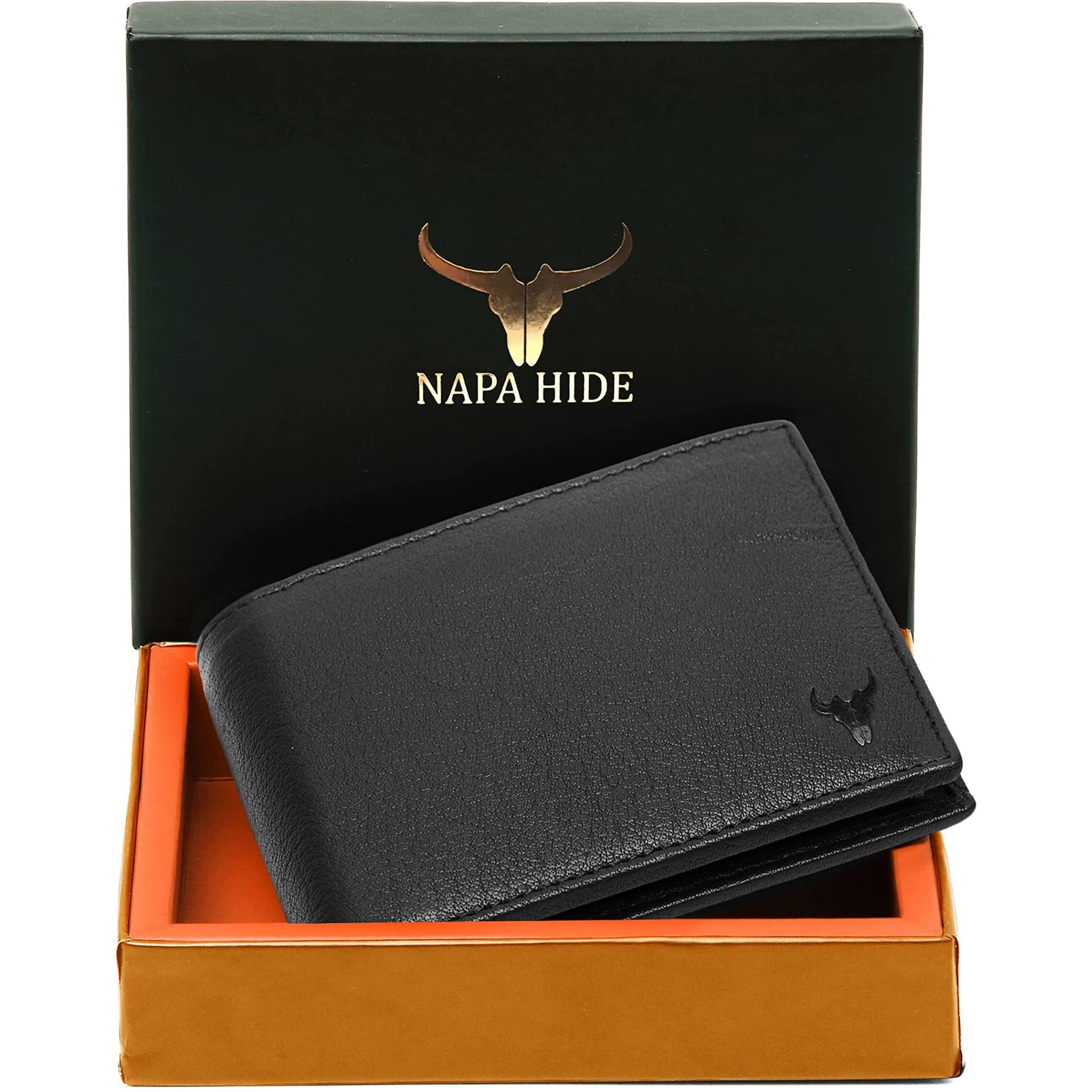 NAPA HIDE Leather Wallet for Men I Handcrafted I Credit/Debit Card Slots I 2 Currency Compartments I 2 Secret Compartments (Black)