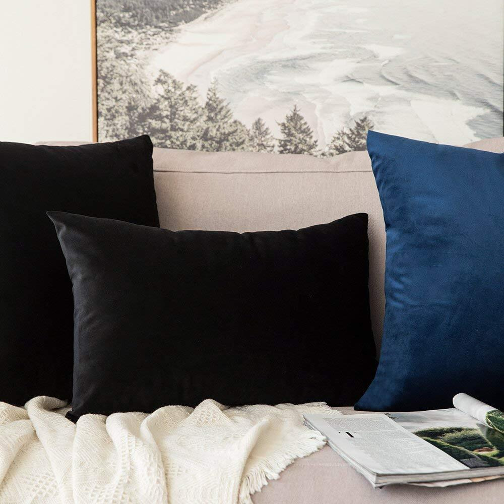 Khooti Rectangular Velvet Cushion Cover, 20x30 (Black)(Pack of 1)