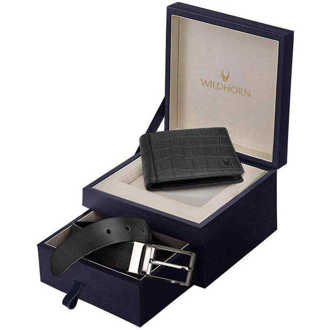 WildHorn Gift Hamper for Men I Leather Wallet & Belt Combo Gift Set I Gift for Friend, Boyfriend,Husband,Father, Son etc (New Black Croco)