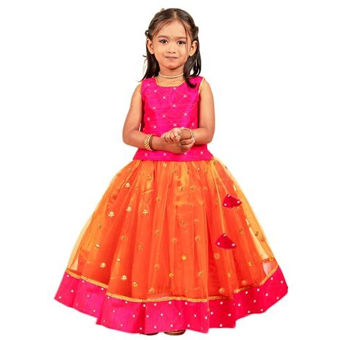 Stanwells Kids Orange And Magenta Combo South Indian Baby Girls Mirror Work Net Readymade Lehenga Choli Set (6-7 Years)